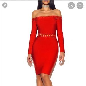 Red Long Sleeve Off the shoulder Bandage Dress